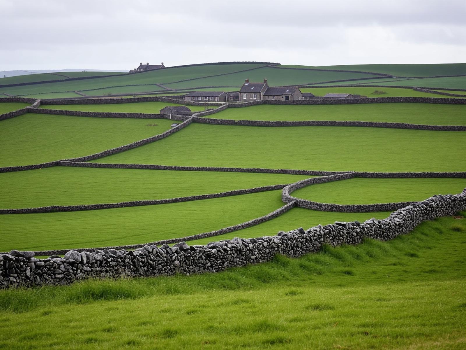 Green Irish countryside with stone walls and rolling fields, the historic setting of Irish pot still whiskey production