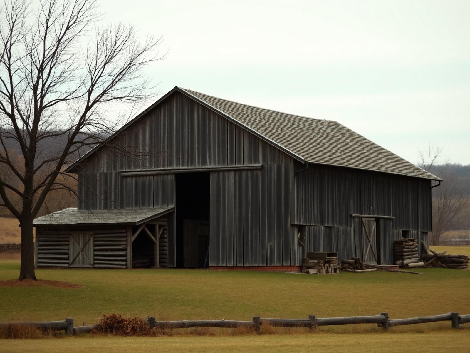 Rolling farmland and timber barns in the American mid-south