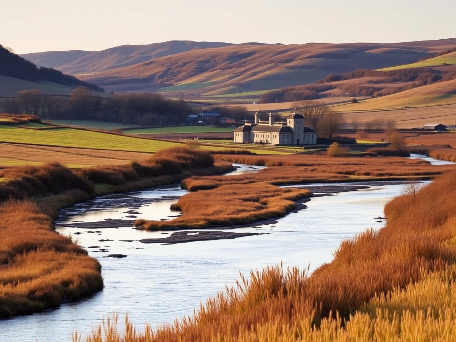 River valley in north-eastern Scotland with rolling farmland and low hills