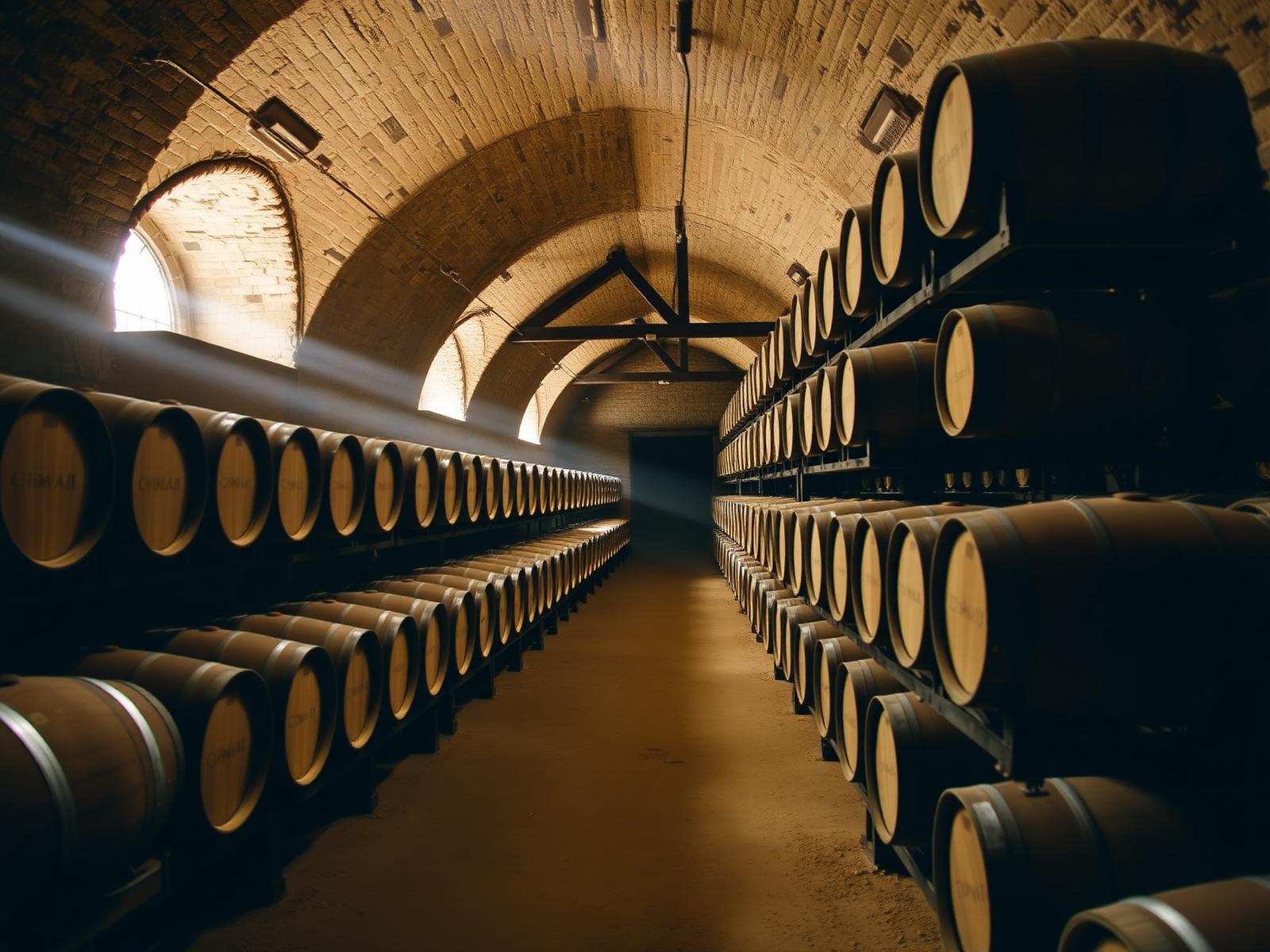 Rows of oak maturation casks resting inside a historic distillery warehouse