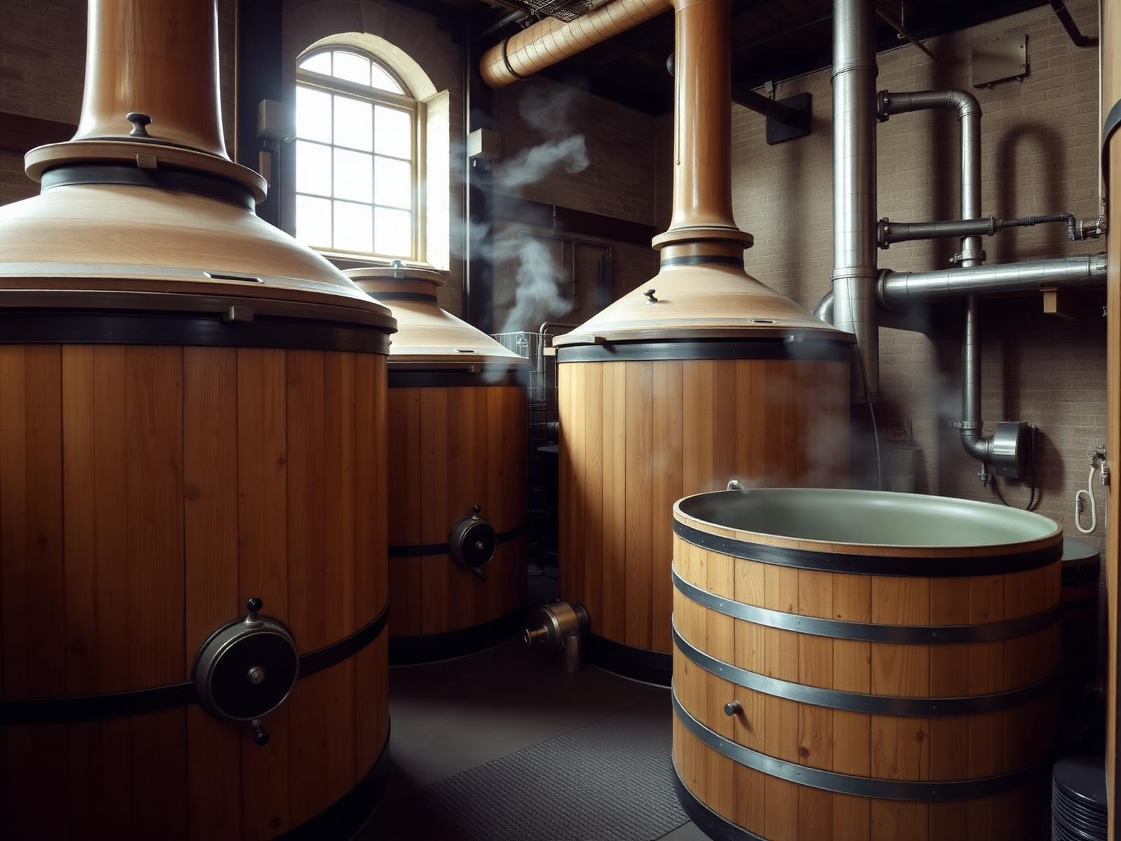 Traditional wooden washbacks used for fermentation in a distillery